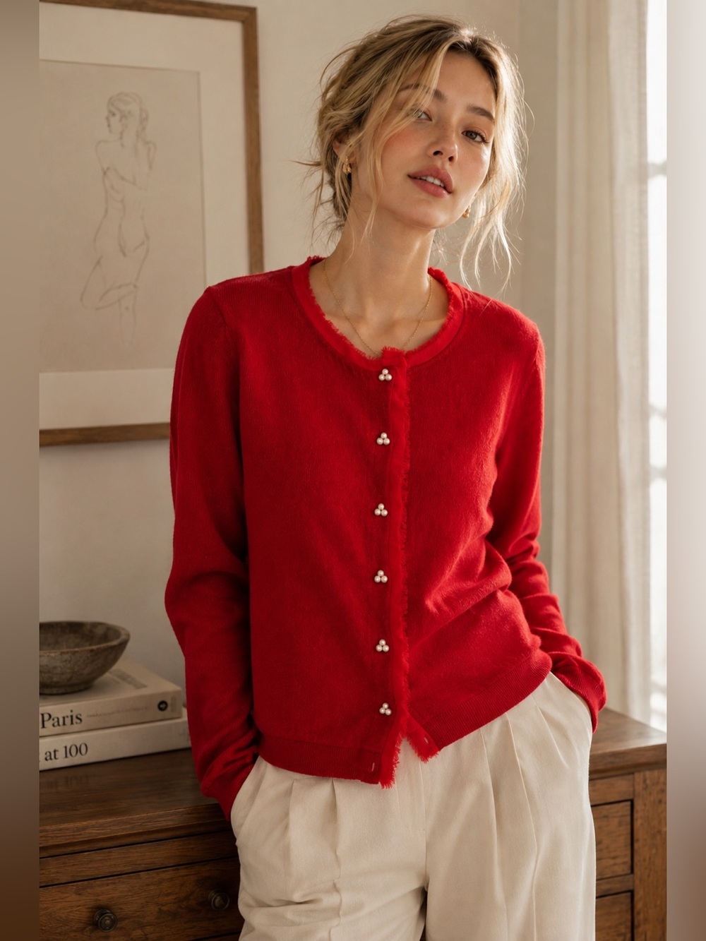 Talbots Red 100% Merino Wool Pearl Cluster Fringe Trim Cardigan Sweater M Preppy